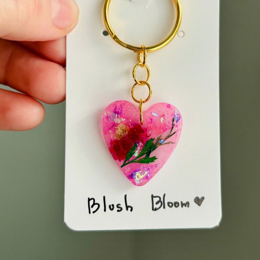 Pink Floral Heart Keychain with Real Flowers, Resin Key Ring with Gold Hardware